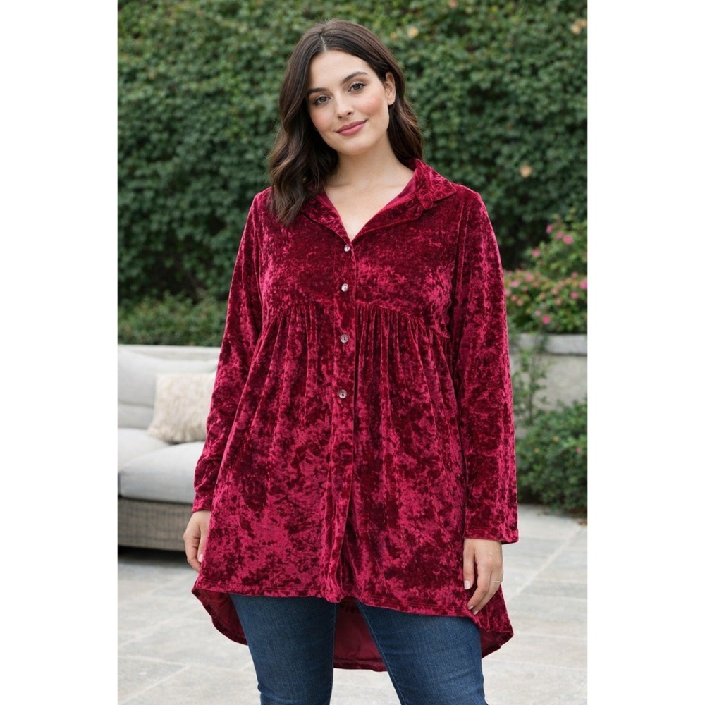Gothic Witchy Crushed Velvet Babydoll Tunic |‎ Dark Romantic Button Front Top